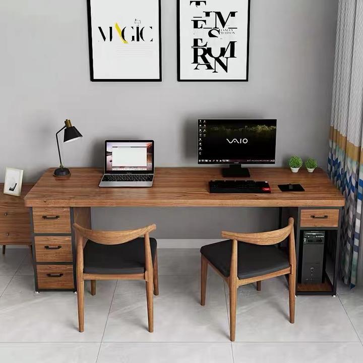 北欧实木现代简约双人电脑桌卧室抽屉书桌简易台式家用写字办公桌