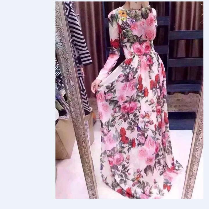 时尚钉珠显瘦减龄长款碎花连衣裙收腰长裙印花气质修身