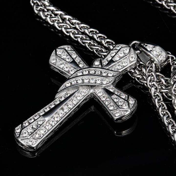 钛钢项链 手工镶钻轻奢吊坠银色时尚百搭饰品复古链子十字架挂坠