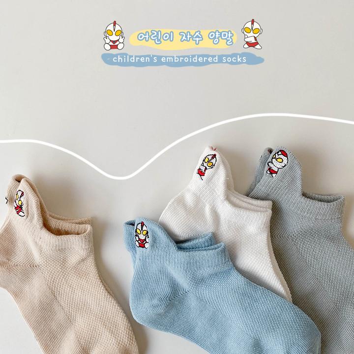 儿童袜子刺绣奥特曼男童网眼船袜春夏薄款棉透气卡通男宝韩版潮袜