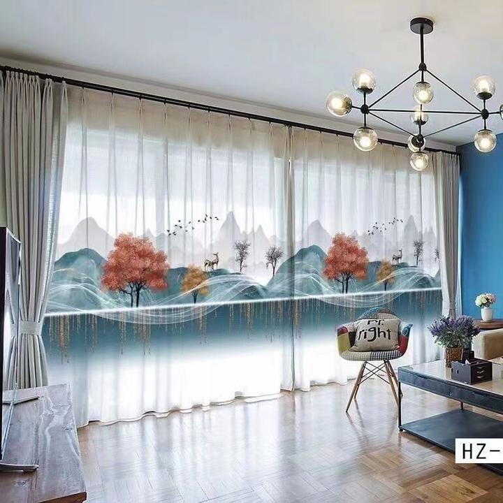 新中式风景水墨山水画中国风窗帘窗纱禅意书房客厅卧室纱帘定制纱