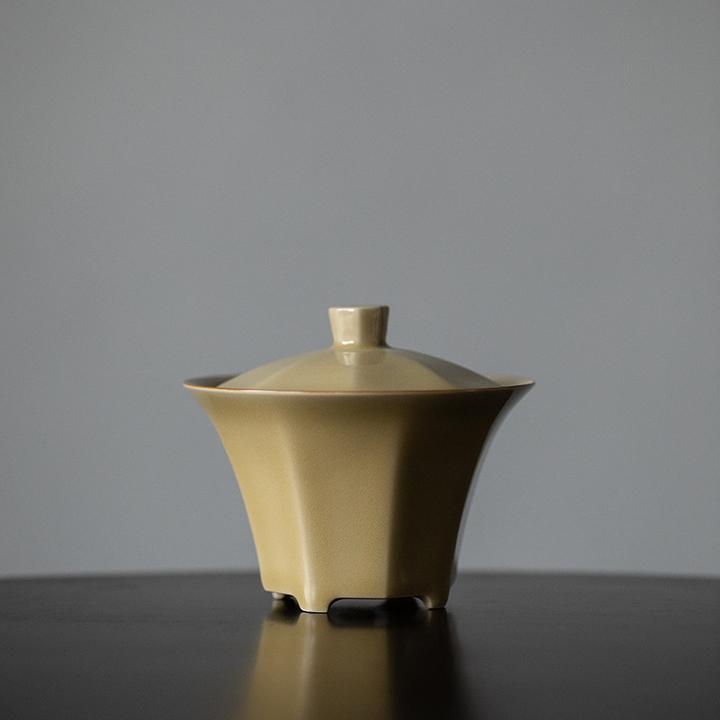 定窑黄陶瓷草木灰釉八方茶器薄胎纯手工带盖盖碗坭兴陶茶碗盖碗