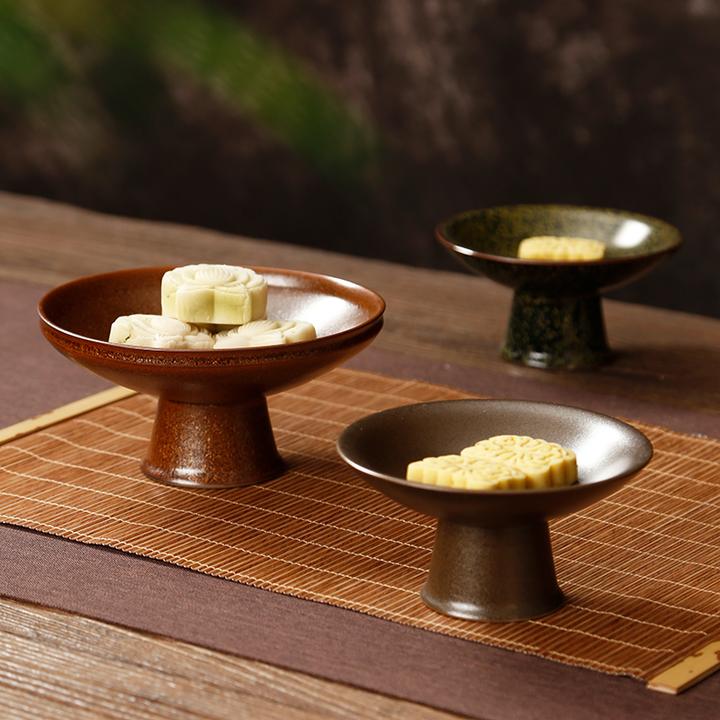 中式复古高脚茶点盘茶道茶具果盘托盘篮日式陶瓷过年干果收纳盒