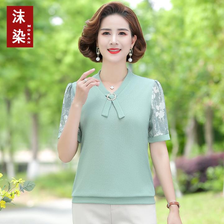 新款妈妈装夏季短袖小衫洋气百搭中老年时尚女装宽松上衣气质套装