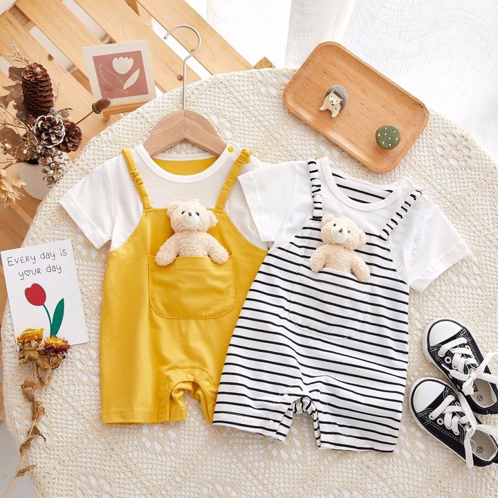 【多米牛】9357兜兜小熊假两件半袖哈衣