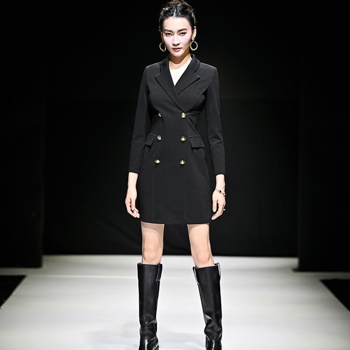2025秋装新款OL通勤双排扣西装领欧美范修身小黑裙女装长袖连衣裙