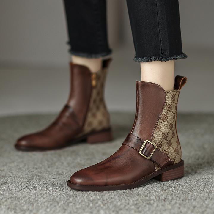 3CM，复古棕色牛皮短靴真皮马丁靴粗跟秋冬圆头秋冬棕色粗跟马丁靴