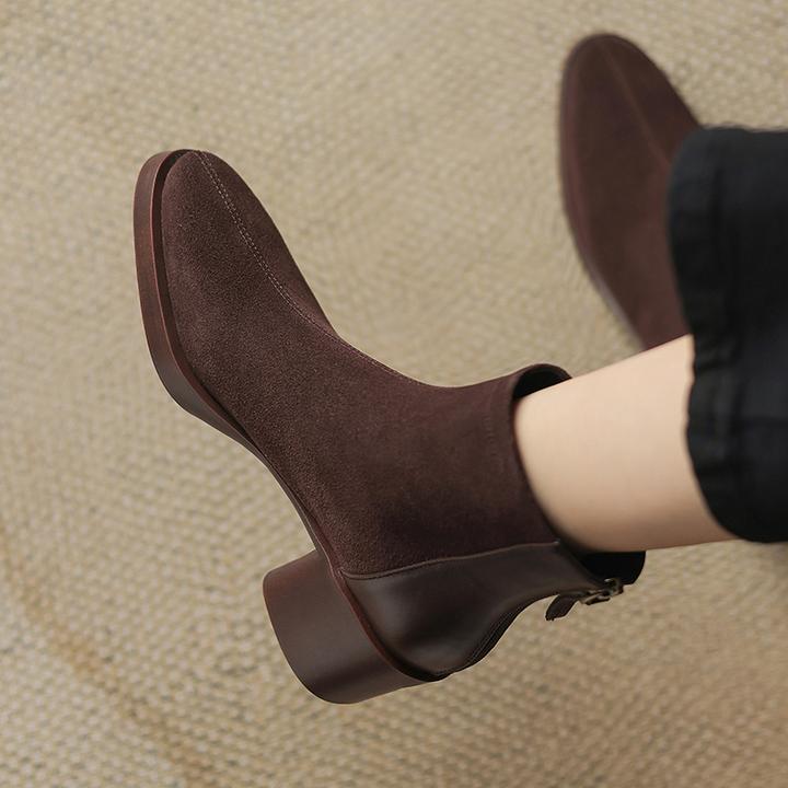 5CM，牛皮粗跟新款秋冬马丁靴英伦风方头瘦瘦秋冬英伦风方头马丁靴