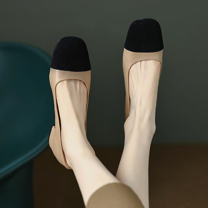 3CM，小香风单鞋浅口牛皮鞋粗跟百搭高跟通勤休闲鞋拼粗跟通勤浅口