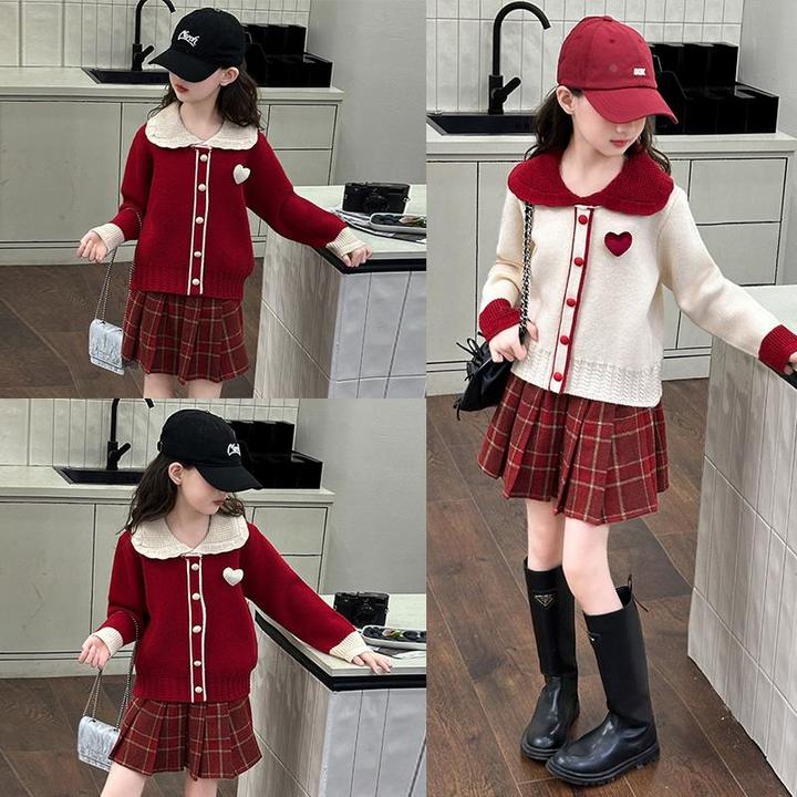 女童秋冬裙子过年套装2024新款儿童百褶裙女孩大童学院风新年衣服