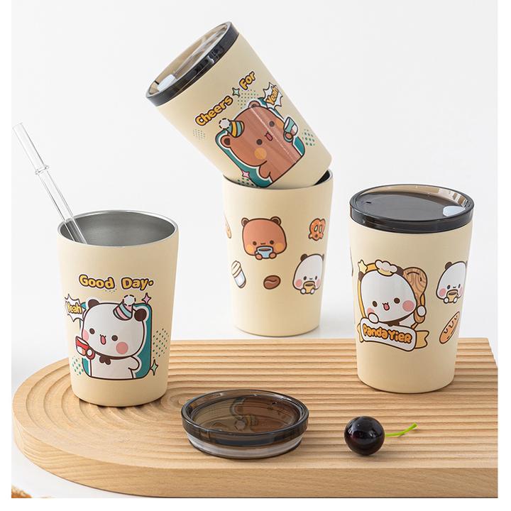 熊猫一二网红情侣杯不锈钢吸管杯喝水杯子防摔口杯牛奶杯家用带盖