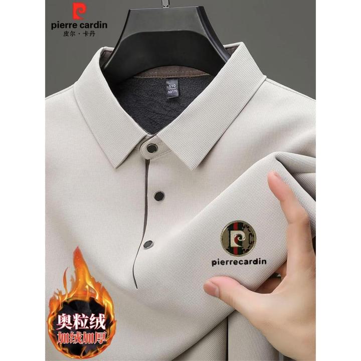 皮尔卡丹翻领舒适亲肤加绒加厚Polo衫冬季时尚保暖长袖休闲上衣男