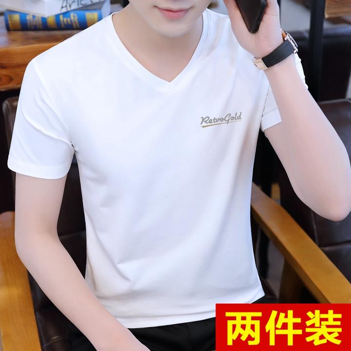 高档冰丝纯棉男士短袖T恤V领体恤时尚修身男装鸡心领潮半袖打底衫