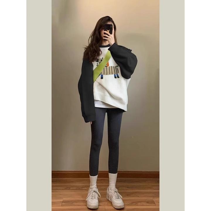 插肩袖圆领卫衣女春秋款ins学生宽松oversize小个子穿搭撞色上衣