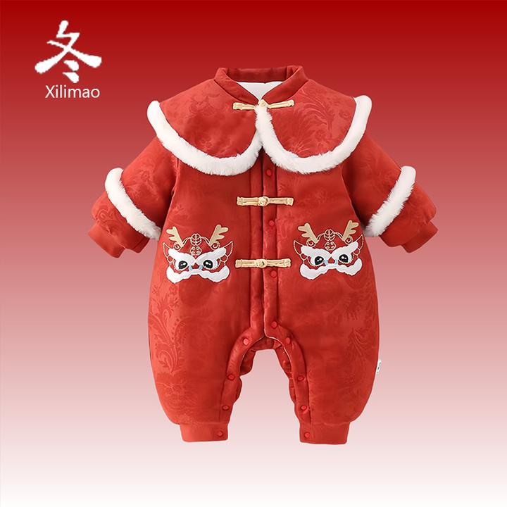 婴儿拜年衣服冬装男女宝宝中国风连体衣冬季加厚满月百天哈衣爬服