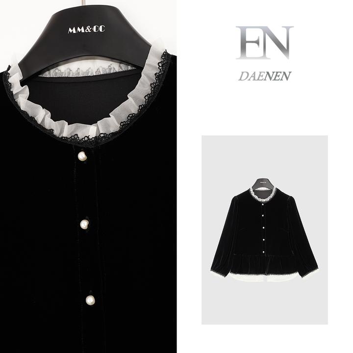 仫赐【玉如兰】新中式国风荷叶边领收腰打褶花边上衣MCFSY1019