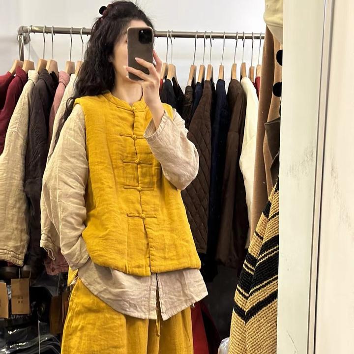 砂洗亚麻新中式盘扣棉马甲