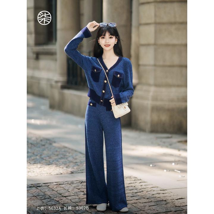 【柒量一裁】【蓝风铃】5362A/B小个子毛织上衣阔腿裤小香风时尚套装