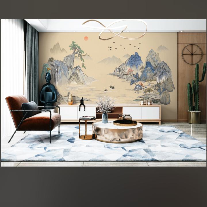 中正-溪山隐秀壁画刺绣墙布背景客厅背景电视背景沙发背景新中式