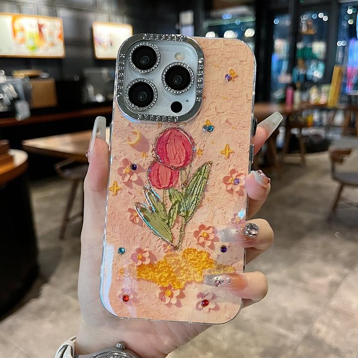 适用苹果系列iPhone16新款手机壳银色镜框优雅高级复古郁金香防摔