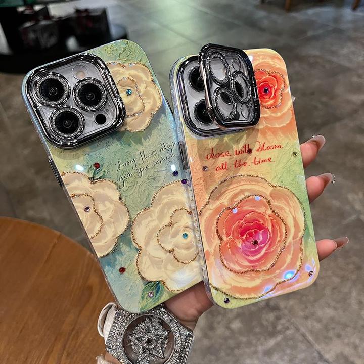 适用苹果系列iPhone16新款手机手机壳银灰镜头支架绿底珍珠山茶花