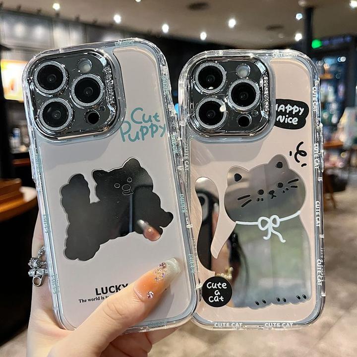 适用苹果系列iPhone15新款手机壳可爱卡通裸底镜面小猫全包防摔
