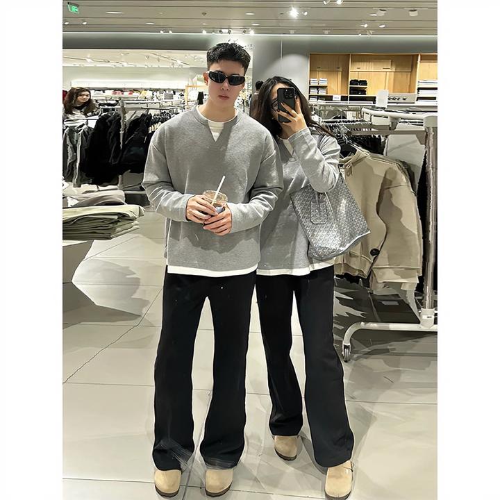 2025美式假两件v领卫衣男款春秋肌理感情侣长袖t恤重磅灰色打底衫