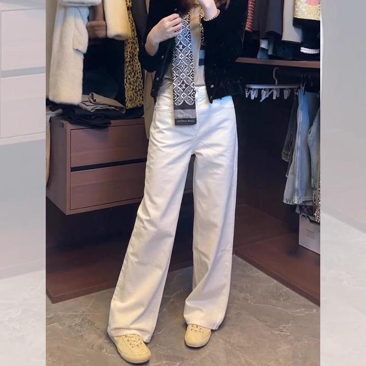 Nana 自留款 白色牛仔裤百搭高腰显瘦直筒阔腿裤宽松秋冬加绒保暖