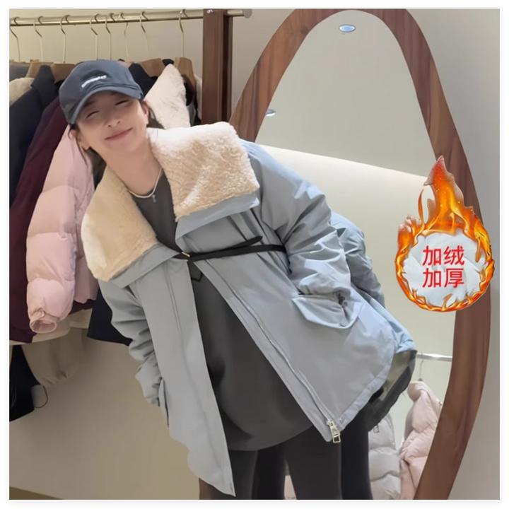 加绒加厚韩系冬季复古设计感羊羔毛翻领派克服休闲冲锋衣棉衣外套