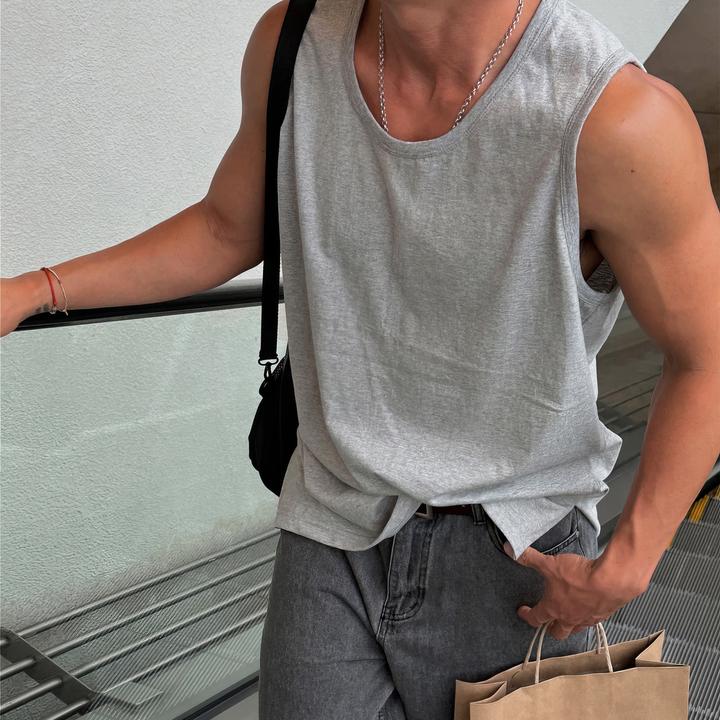 侧开衩无袖背心男生夏季新款黑皮体育生健身运动宽松圆领坎肩T恤