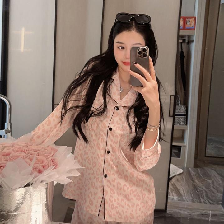 春季睡女女新款维密同款豹纹长袖丝质薄款网红家居服套装可外穿