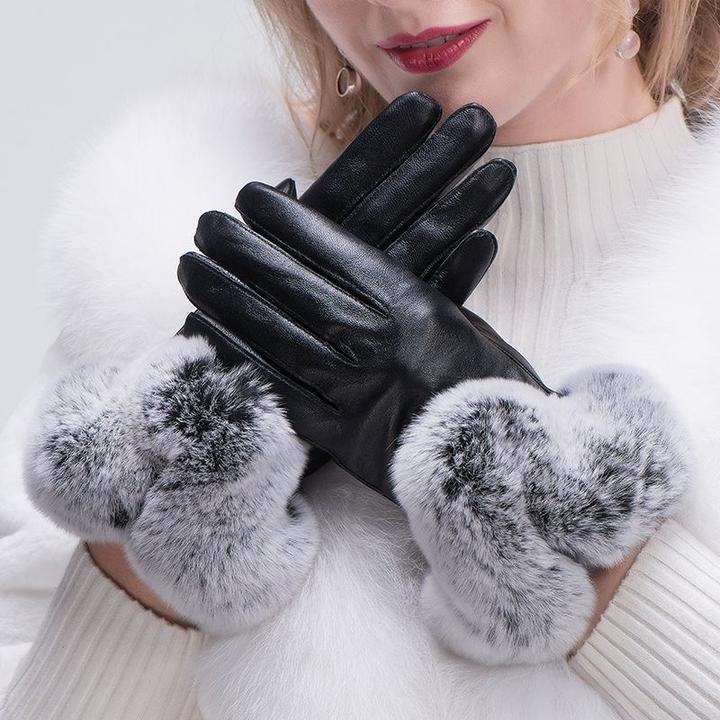 女士冬季韩版时尚可爱大獭兔毛口皮手套保暖加绒加厚女士皮手套