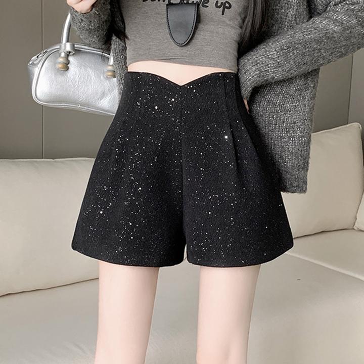 辣妹高腰亮片毛呢短裤女春季新款百搭修身显瘦阔腿裤a字外穿靴裤
