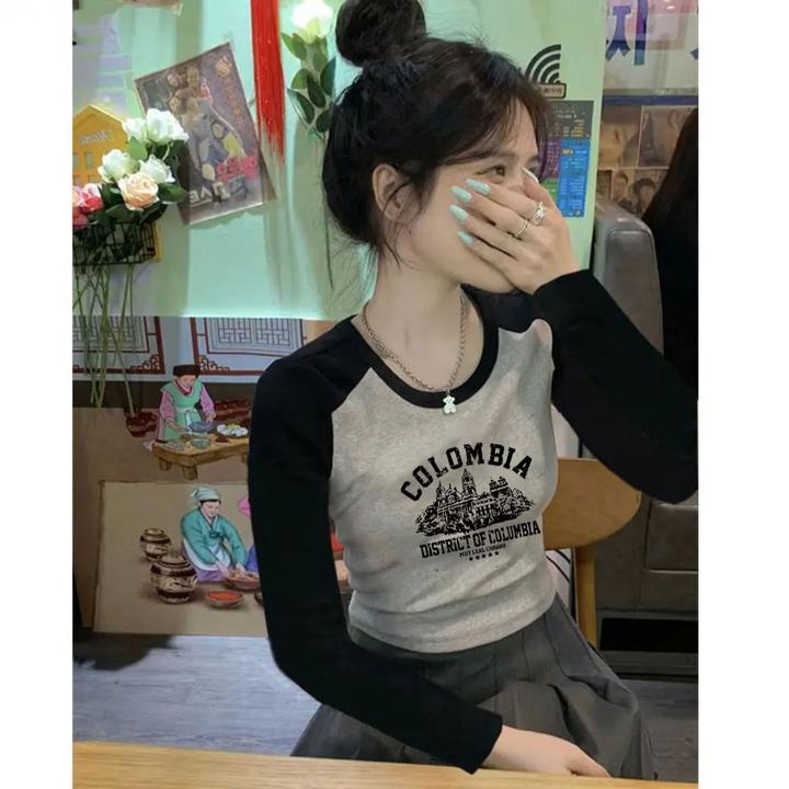 撞色甜辣风上衣拼接时尚打底衫女内搭秋冬季修身显瘦长袖t恤女装