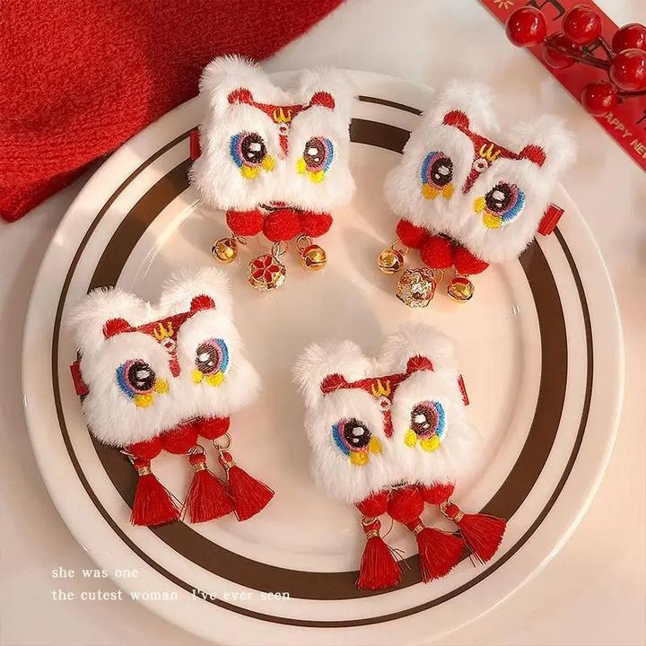 新年喜庆醒狮铃铛发夹流苏可爱发卡女鸭嘴夹丸子头对夹侧边刘海夹