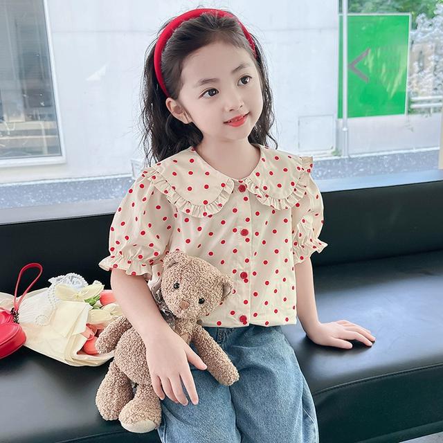 棉夏装女童短袖衬衫圆点上衣娃娃领洋气儿童棉衬衣泡泡袖开衫