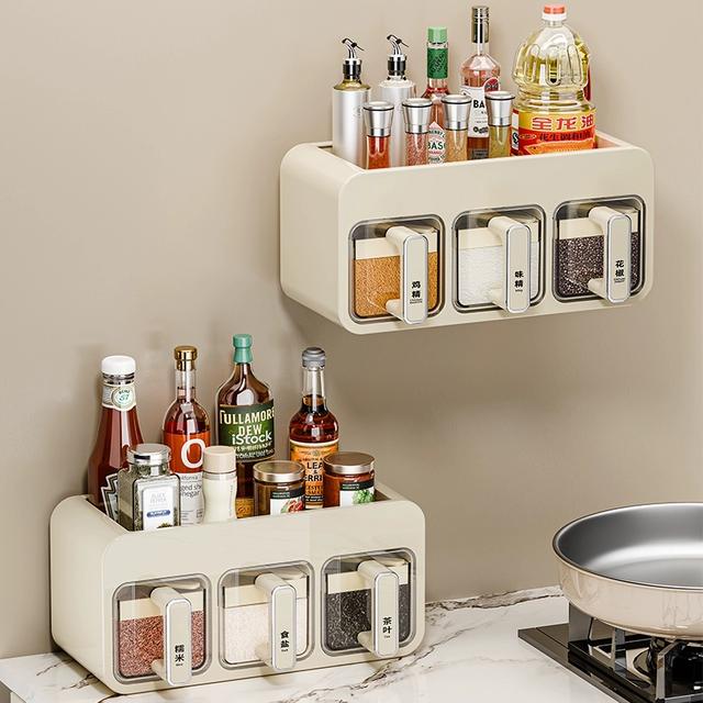 调味盒家用厨房收纳置物架壁挂式免打孔盐味精佐料调料罐多格一体