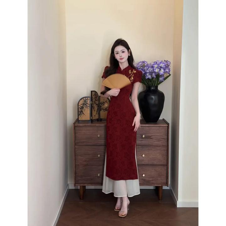 【华悦】新中式撞色刺绣假两件旗袍连衣裙子女装国风刺绣收腰显瘦裙