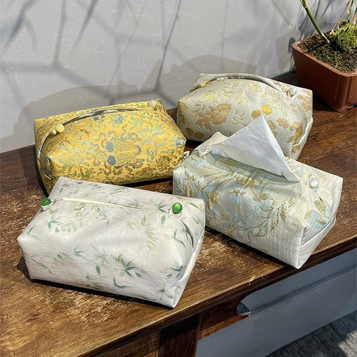 惊蛰 浮光金竹织锦刺绣纸巾盒茶室茶桌抽纸盒套子茶道配件收纳盒