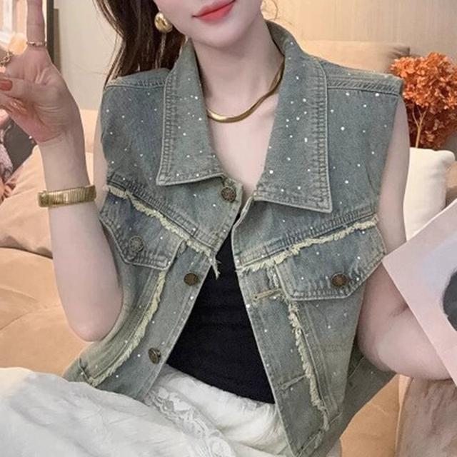 复古港味烫钻牛仔马甲外套女夏季独特超好看短款上衣无袖背心坎肩