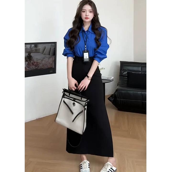 2025超火两件套春装女韩版简约气质百搭克莱茵蓝色衬衫半身裙套装