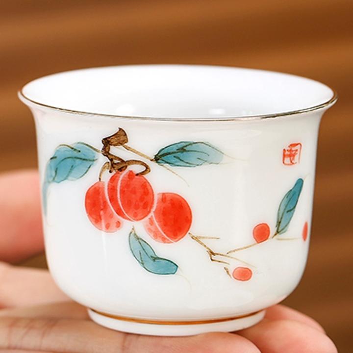 中式手绘荔枝功夫小茶杯德化白瓷茶盏手工绘制泡茶品茗杯茶杯单个