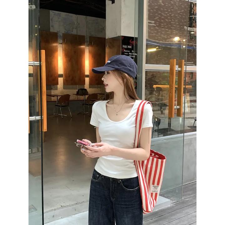 千朔恋夏风U领T恤洋气衣服女韩系ins纯欲慵懒风纯色百搭短袖上衣