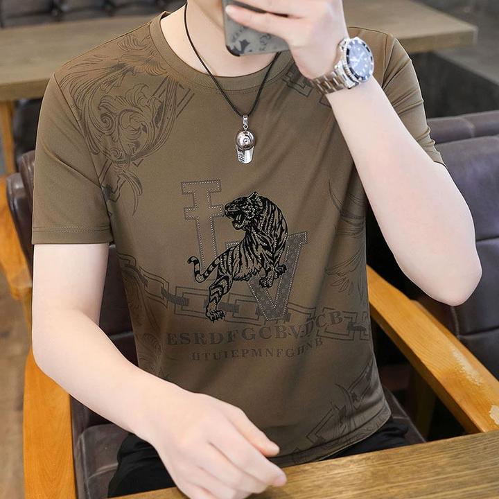 老虎图案印花短袖t恤男夏季高端烫钻欧货冰丝圆领体恤半袖上衣潮T