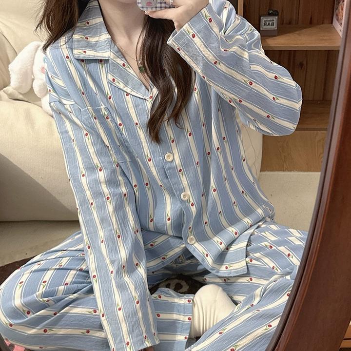 法式蓝条纹碎花春秋季新款云朵棉甜美卡通长袖睡衣女款家居服套装