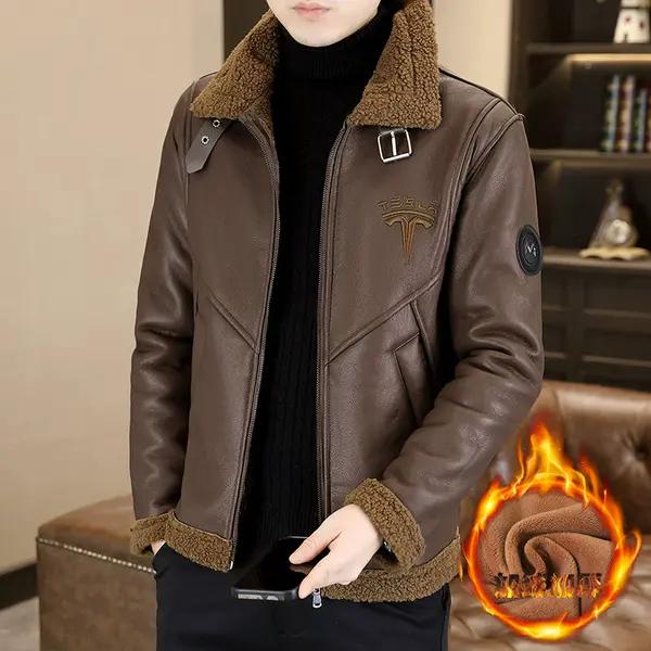 小香港2024秋冬高品质男士皮衣加绒加厚皮毛一体外套