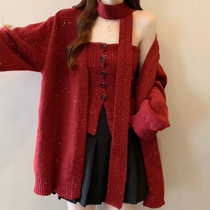 微胖妹妹大码2025春季新款针织毛衣外套套装女飘带挂脖亮闪闪背心