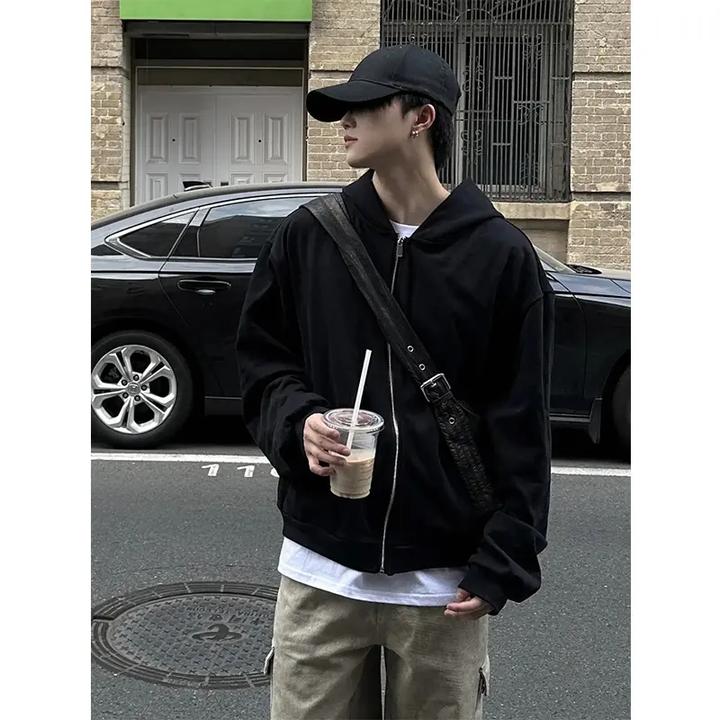黑色开衫卫衣男款美式高街重磅拉链短款外套秋季穿搭情侣连帽上衣