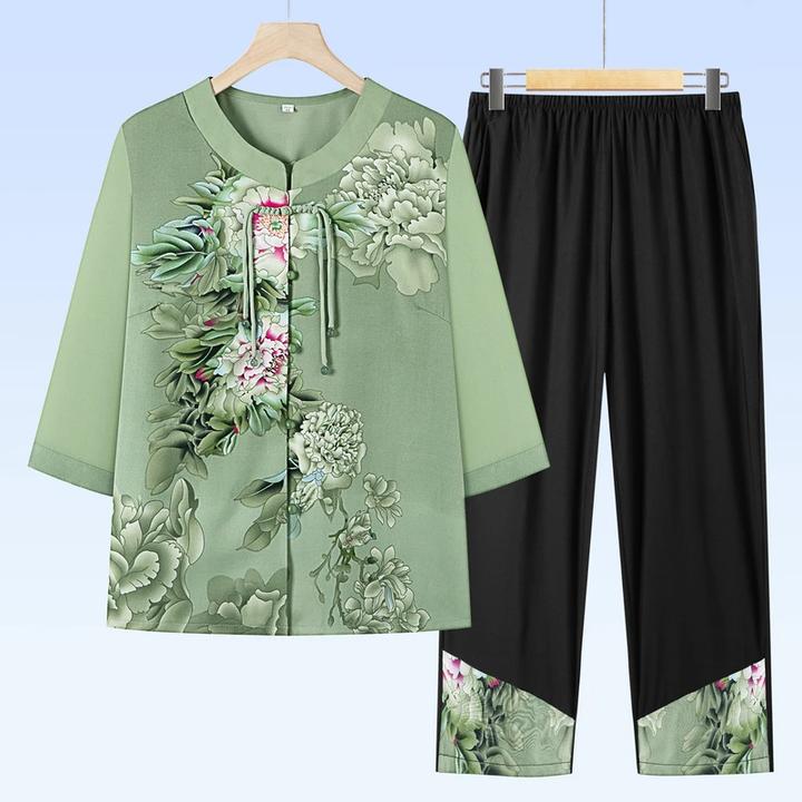 中老年人夏季奶奶新中式套装妈妈t恤印花宽松时尚开衫中袖衣服女