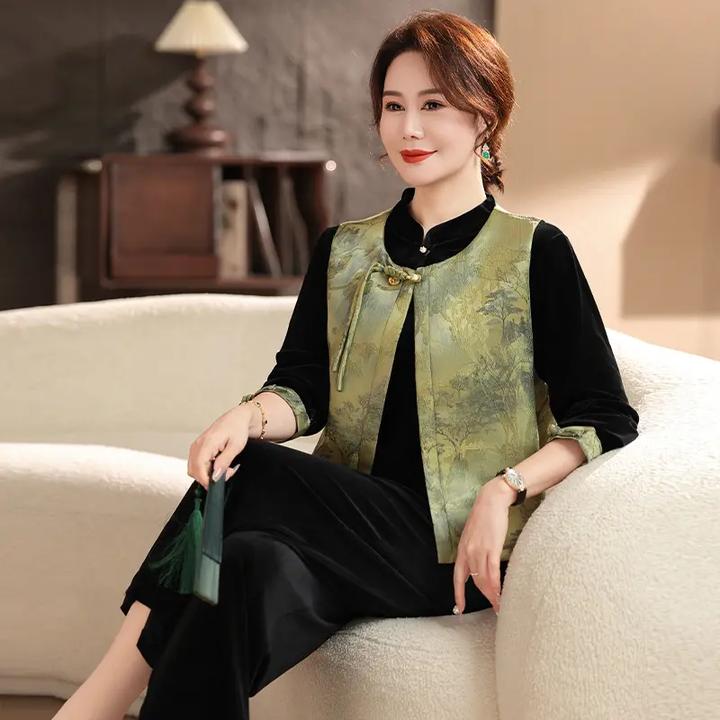 妈妈装国风水墨气质中老年丝绒套装马甲外搭中老年女装洋气三件套
